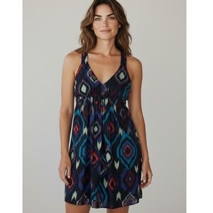 Roxy Love Seeker Navy Ikat Diamond Print Open Back Dress Womens M Surf Beach NEW